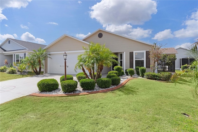 ranch-style house featuring concrete driveway, a front yard, and a garage
