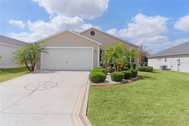 single story home featuring concrete driveway, an attached garage, central AC, and a front lawn