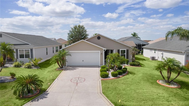 ranch-style house with an attached garage, driveway, a front yard, and cooling unit