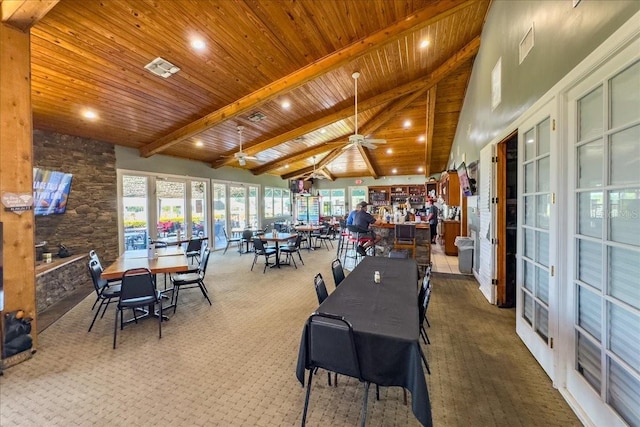 36700 Oconee Ave, Eustis, FL 32736 - dining area featuring beam ceiling, ceiling fan, high vaulted ceiling, recessed lighting, and wood ceiling