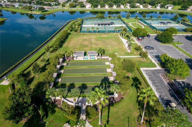 drone / aerial view with a water view
