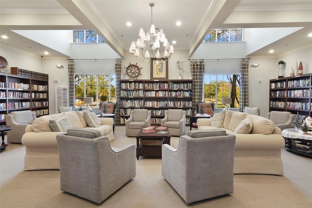 carpeted living room featuring wall of books, crown molding, and a high ceiling