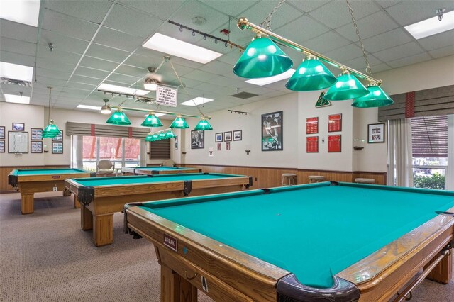 5500 Laver St, Leesburg, FL 34748 - recreation room with carpet flooring, billiards, a paneled ceiling, and a wainscoted wall
