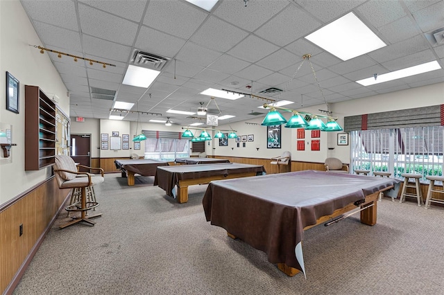 5500 Laver St, Leesburg, FL 34748 - rec room with pool table, visible vents, a drop ceiling, and a wainscoted wall
