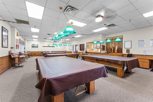 5500 Laver St, Leesburg, FL 34748 - recreation room with carpet flooring, a paneled ceiling, a wainscoted wall, billiards, and visible vents