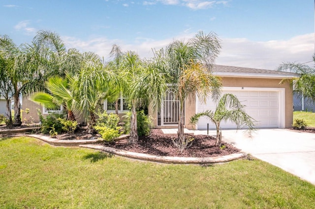 view of front of property with an attached garage, stucco siding, concrete driveway, and a front lawn