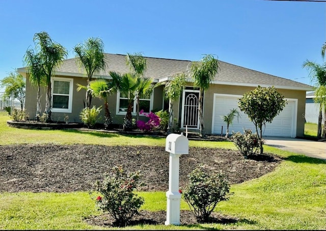 single story home with an attached garage, a front lawn, driveway, and stucco siding