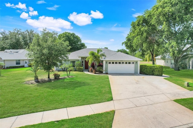 8709 Augusta Ct, Clermont, FL 34711 - ranch-style home with a garage, driveway, a front yard, and a shingled roof