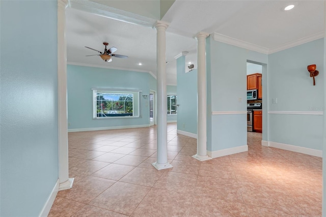 8709 Augusta Ct, Clermont, FL 34711 - unfurnished living room with ornate columns, a ceiling fan, ornamental molding, and light tile patterned flooring