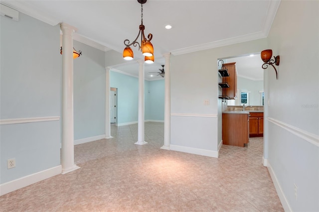 8709 Augusta Ct, Clermont, FL 34711 - unfurnished dining area with recessed lighting, ceiling fan, ornamental molding, and ornate columns