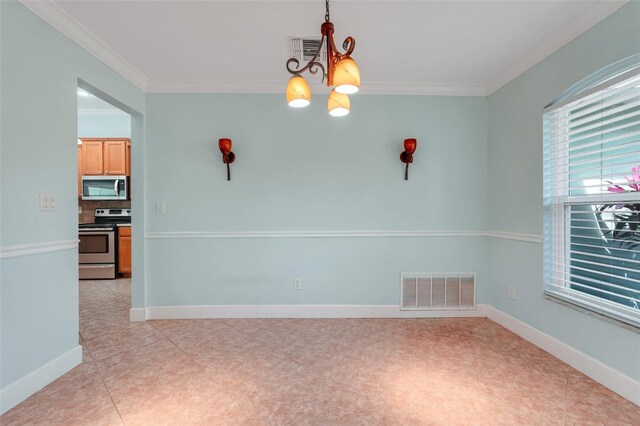 8709 Augusta Ct, Clermont, FL 34711 - unfurnished dining area featuring crown molding, a notable chandelier, and visible vents