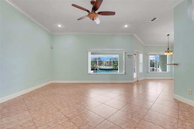8709 Augusta Ct, Clermont, FL 34711 - tiled empty room with a ceiling fan, visible vents, crown molding, baseboards, and recessed lighting