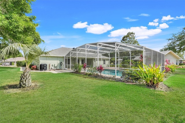 8709 Augusta Ct, Clermont, FL 34711 - back of property with central air condition unit, a lanai, a yard, and an outdoor pool