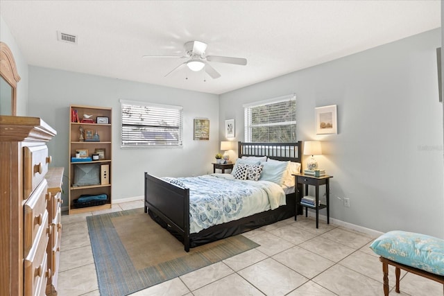 bedroom featuring light tile patterned floors, baseboards, ceiling fan, and visible vents
