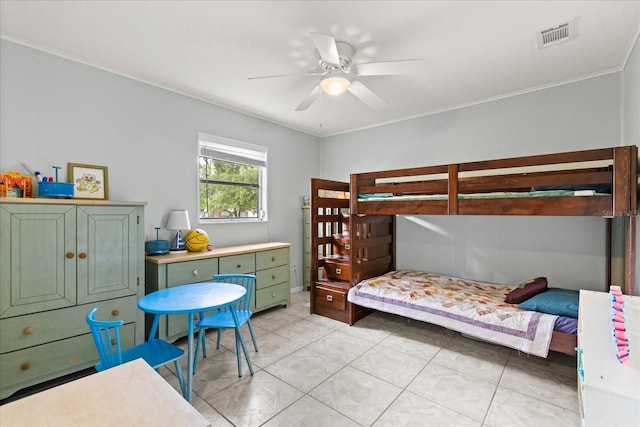 bedroom featuring visible vents, a ceiling fan, light tile patterned floors, and ornamental molding