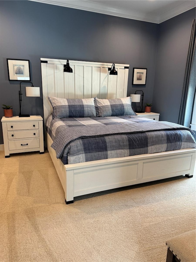 bedroom featuring light carpet and ornamental molding