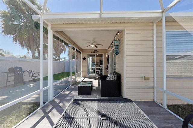 1451 Rosedale Way, The Villages, FL 32162 - sunroom featuring ceiling fan and an outdoor living space