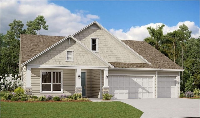 craftsman-style house with a shingled roof, an attached garage, driveway, and a front lawn