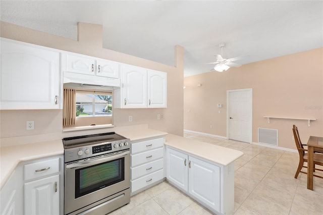 2750 Coral Reef Way, Tavares, FL 32778 - kitchen featuring stainless steel range with electric stovetop, under cabinet range hood, a ceiling fan, a peninsula, and white cabinets
