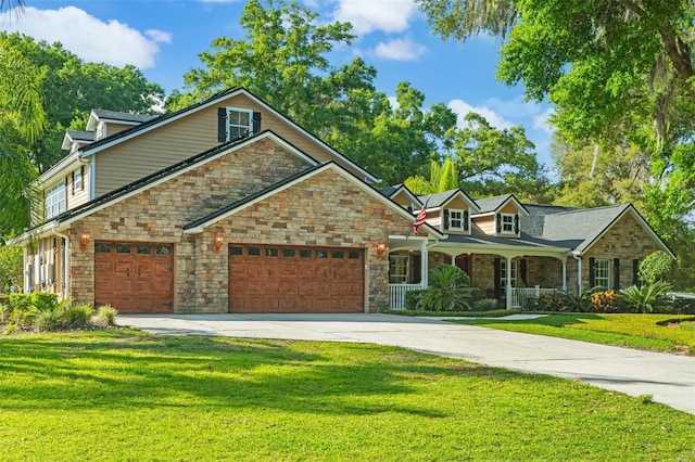 view of front of home featuring a porch, a front yard, a garage, concrete driveway, and stone siding