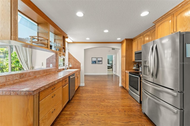 kitchen featuring arched walkways, appliances with stainless steel finishes, plenty of natural light, and recessed lighting