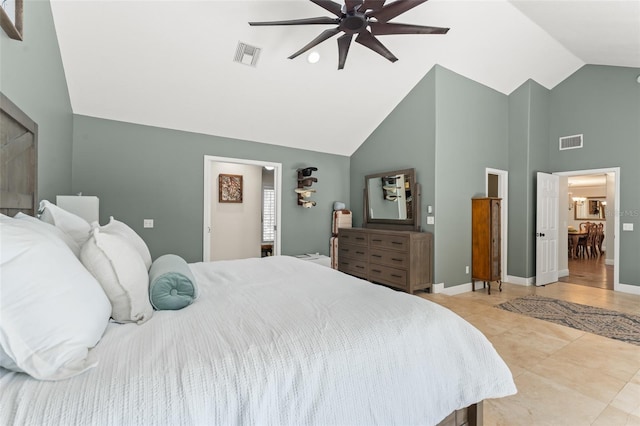 bedroom with light tile patterned floors, high vaulted ceiling, a ceiling fan, and visible vents