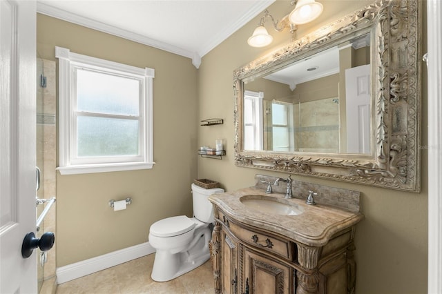 full bath featuring crown molding, a tile shower, vanity, toilet, and baseboards