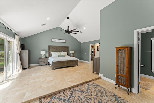 bedroom featuring visible vents, access to exterior, baseboards, high vaulted ceiling, and a ceiling fan