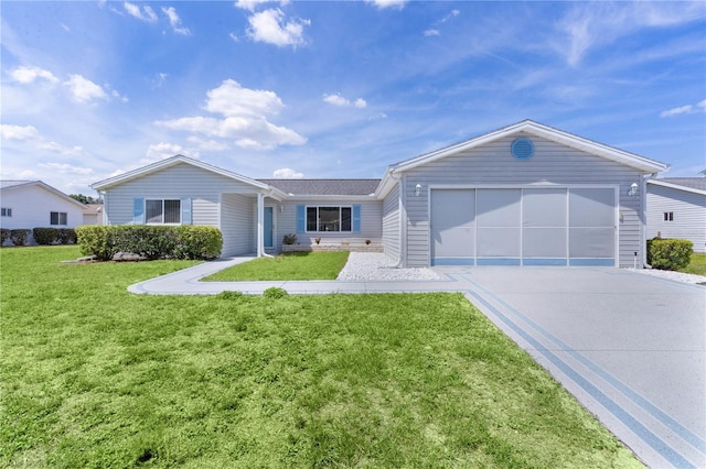 ranch-style home with an attached garage, a front yard, and concrete driveway