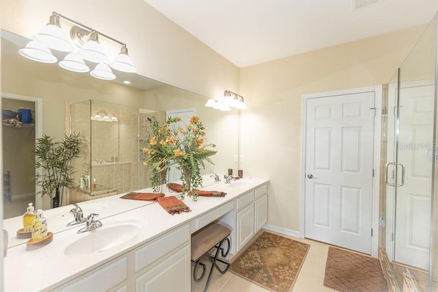1288 Grady Ln, Davenport, FL 33896 - full bathroom with a stall shower, double vanity, and tile patterned flooring