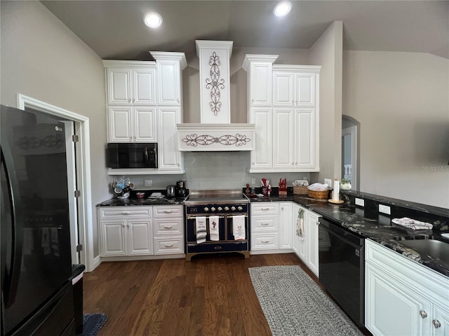 kitchen with tasteful backsplash, black appliances, dark wood finished floors, and white cabinetry