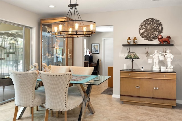 dining area with recessed lighting, light tile patterned flooring, and a chandelier