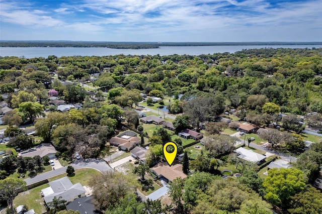 aerial view featuring a water view and a residential view