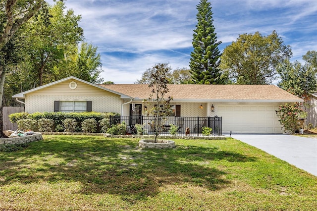 ranch-style house with brick siding, a front lawn, an attached garage, and driveway