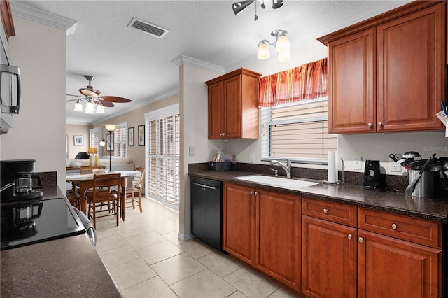 kitchen with a ceiling fan, dark countertops, visible vents, dishwasher, and ornamental molding
