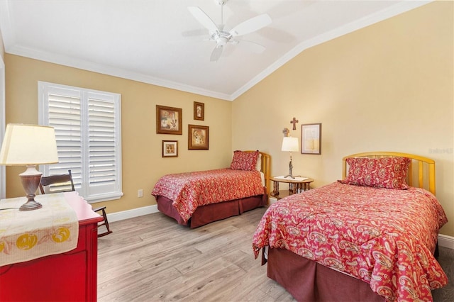 1182 Allaire Loop, The Villages, FL 32163 - bedroom featuring vaulted ceiling, ornamental molding, wood finished floors, baseboards, and ceiling fan