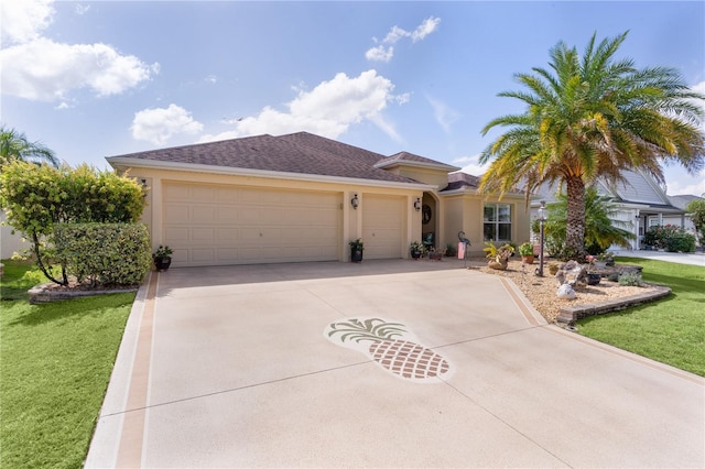 3433 Nestlebranch Ave, The Villages, FL 32163 - view of front of home featuring stucco siding, an attached garage, driveway, and a front lawn