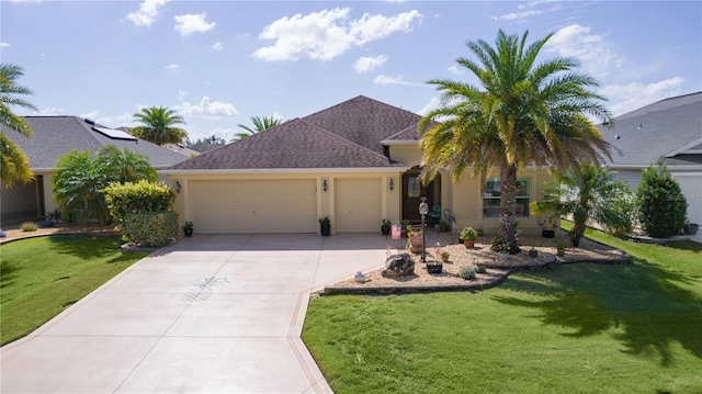 3433 Nestlebranch Ave, The Villages, FL 32163 - ranch-style house featuring driveway, roof with shingles, a front lawn, an attached garage, and stucco siding