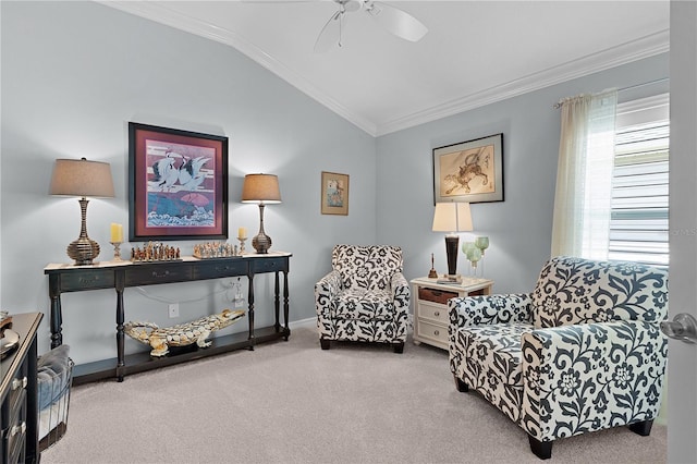3433 Nestlebranch Ave, The Villages, FL 32163 - living area featuring crown molding, baseboards, ceiling fan, carpet flooring, and vaulted ceiling