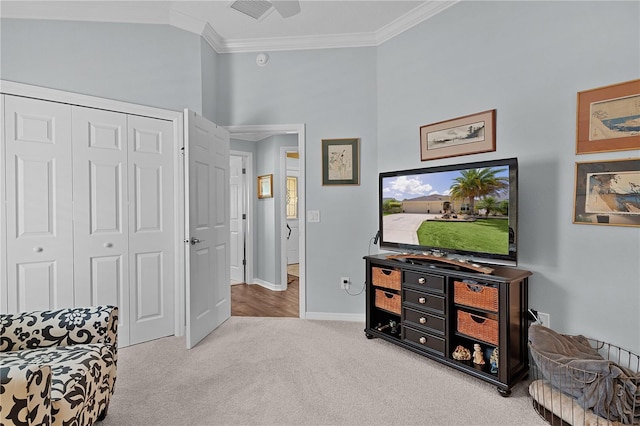 3433 Nestlebranch Ave, The Villages, FL 32163 - sitting room with visible vents, ornamental molding, carpet flooring, baseboards, and a ceiling fan