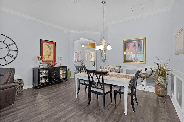3433 Nestlebranch Ave, The Villages, FL 32163 - dining area featuring visible vents, arched walkways, dark wood-style flooring, and crown molding