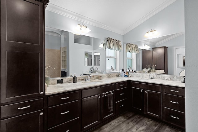 3433 Nestlebranch Ave, The Villages, FL 32163 - full bath with double vanity, ornamental molding, wood finished floors, a sink, and vaulted ceiling