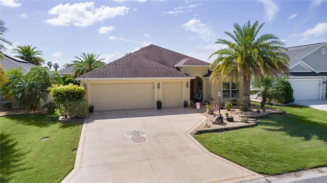 3433 Nestlebranch Ave, The Villages, FL 32163 - view of front facade featuring a garage, a front lawn, roof with shingles, stucco siding, and concrete driveway