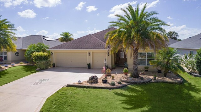 3433 Nestlebranch Ave, The Villages, FL 32163 - view of front of house with an attached garage, driveway, a front yard, and stucco siding