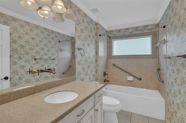 8167 Bridgeport Bay Cir, Mount Dora, FL 32757 - bathroom with tile patterned floors, toilet, bathing tub / shower combination, vanity, and crown molding