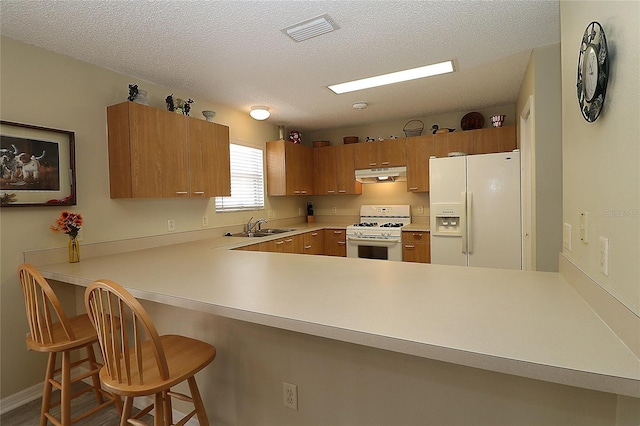 1482 Azteca Loop, The Villages, FL 32162 - kitchen with under cabinet range hood, white appliances, visible vents, a sink, and a peninsula