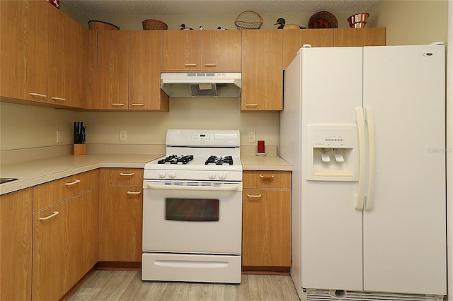 1482 Azteca Loop, The Villages, FL 32162 - kitchen with white appliances, light countertops, light wood-style flooring, and under cabinet range hood