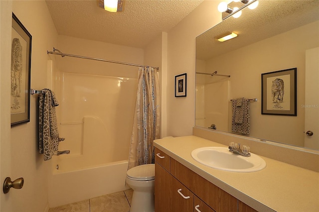 1482 Azteca Loop, The Villages, FL 32162 - full bath with toilet, vanity, shower / tub combo with curtain, a textured ceiling, and tile patterned floors