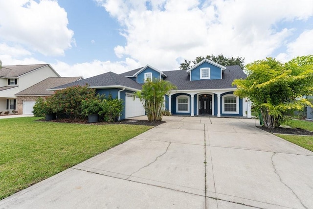 view of front facade featuring a front lawn, covered porch, roof with shingles, concrete driveway, and an attached garage