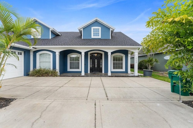 view of front of home featuring a porch, driveway, a shingled roof, and a garage